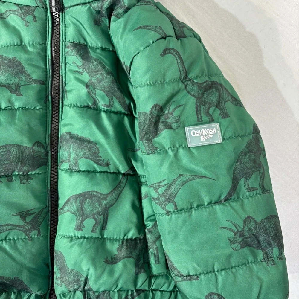 Osh Kosh Bgosh Jacket Baby 12M Green Dinosaur Sherpa Lined Puffer‎ Hooded